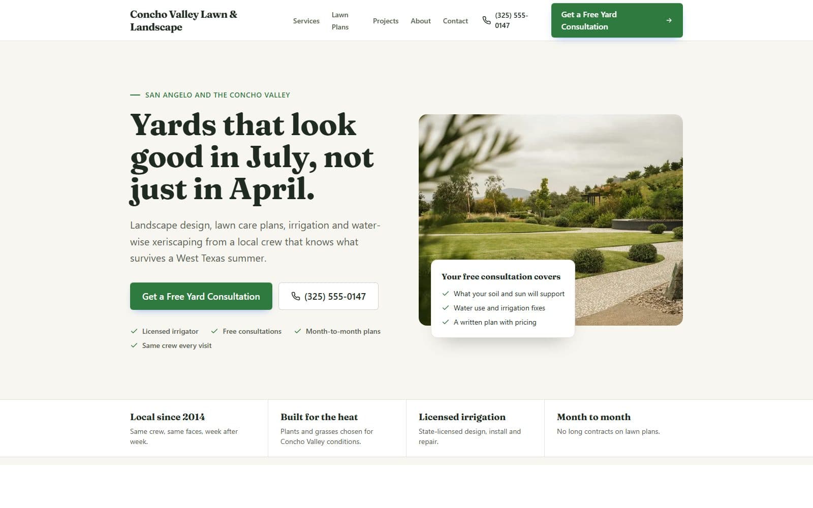 Homepage of the Concho Valley Lawn & Landscape demo website