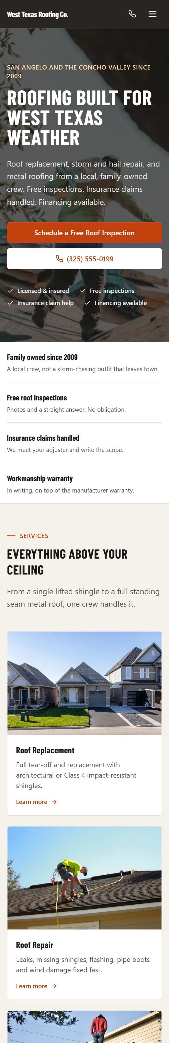 Phone view of the West Texas Roofing Co. demo website, scrolling through the page