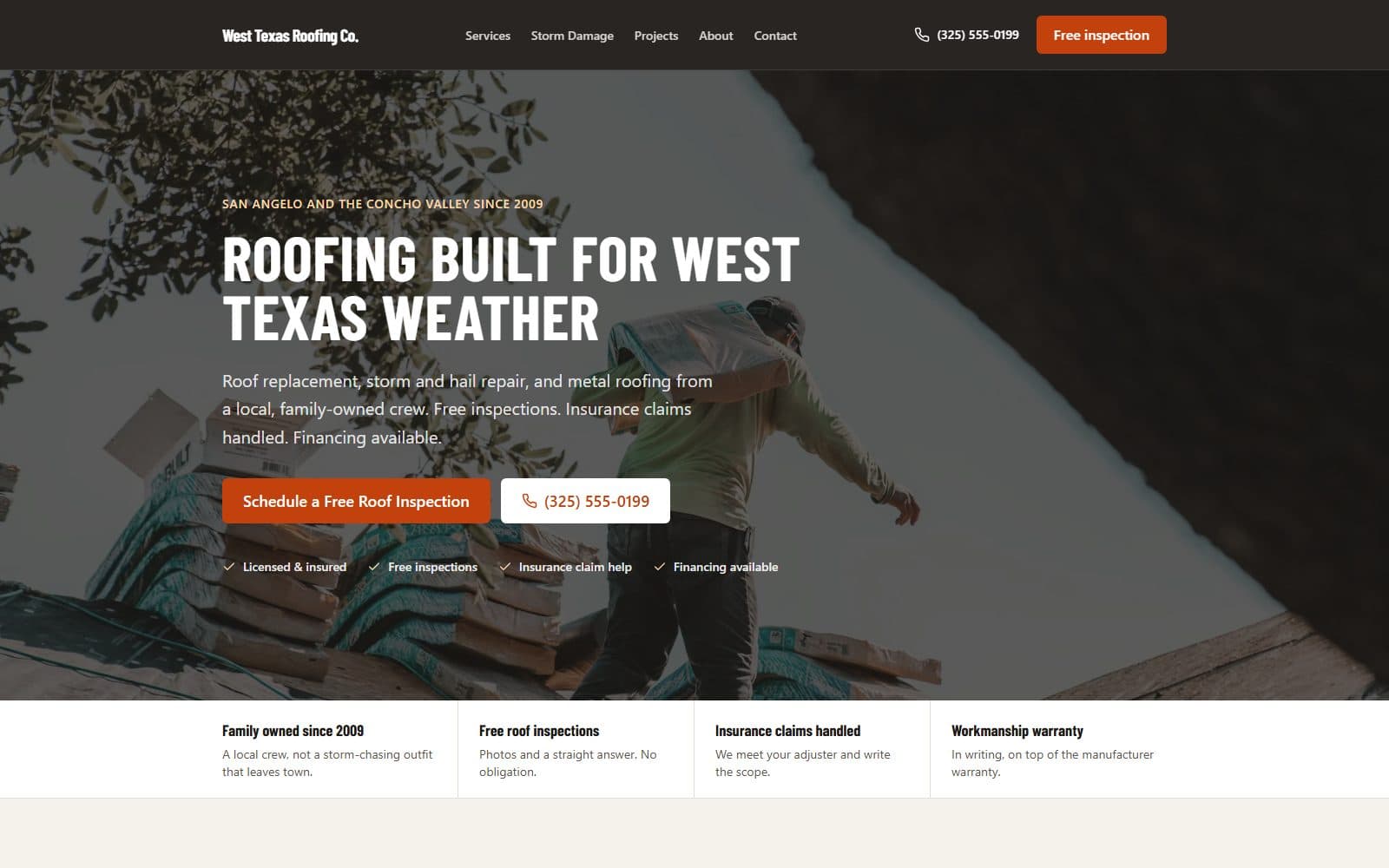 Desktop view of the West Texas Roofing Co. demo website homepage